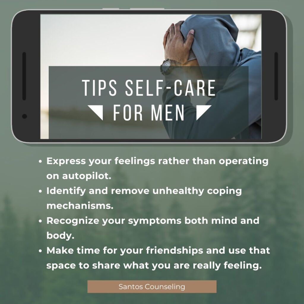 This image is about tips for self-care for men. There are four tips that aim to help men with their mental health.